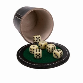 GICO Quality Dice Cup Large (Genuine Leather) XL Black with Lid 12 cm / Cube Plate and 6 Dice - 5901