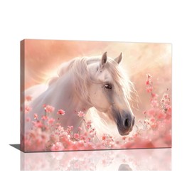 Horse Canvas Wall Art White Horse Pictures Decor Pink Floral Painting Modern Framed Prints Artwork for Home Bathroom Bedroom Living Room 16"x12"