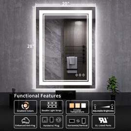 VanPokins LED Mirror, 20x28 Inch Gradient Front and Backlit LED Bathroom Mirror, 3 Colors Dimmable CRI>90, IP54 Enhanced Anti-Fog Bathroom Mirror with Lights