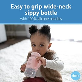 Dr. Brown's Milestones Wide-Neck Sippy Spout Bottle with 100% Silicone Handles, Easy-Grip Handles with Soft Sippy Spout, 9oz/270mL, Light-Pink & Ecru,