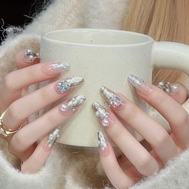 Pure Handmade Nails Press on Nail Reusable Fake Nails Golden RhineStones Bling Bling Medium Stick on Nails French Tip False Nails 10pcs (M, Q307 NAILS)