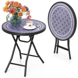 Tangkula Round Folding Side Table, 18 Inch Patio Coffee Table with Tempered Glass Tabletop and Metal Frame, Indoor Outdoor Small Side Table for Yard, Balcony, Porch, Poolside (Grey,1)