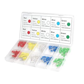 DiCUNO Light Emitting Diodes, 0.2 inch (5 mm) LED Diodes, High Brightness, Round Head, 5 Color Diode Set, White, Red, Green, Blue, Yellow, 5 Colors, 40 Each