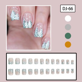 24Pcs Winter Press on Nails Short Square Christmas Fake Nails French False Nails Christmas Tree Nail Tips Snow Designs Acrylic Artificial Nails Full Cover Christmas Stick on Nails for Women
