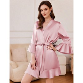 Ekouaer Womens Robe Kimono Lightweight Bride Robe for Wedding Day Female Cute Ruffle Hem Silk Satin Robe with Belted Pink S