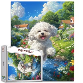 Tucocoo Country Village Bichon Jigsaw Puzzles for Adults 1000 Pieces, Flower Garden River Dog Running Art Puzzle Colorful DIY Puzzles for Home Decoration Gifts, Family Puzzle Perfect for Game Nights