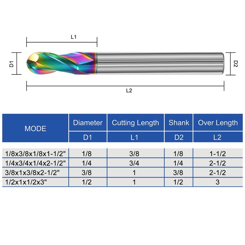 AYCHOLIZ 1/8" Solid Carbide Ball Nose End Mill 2Flute DLC