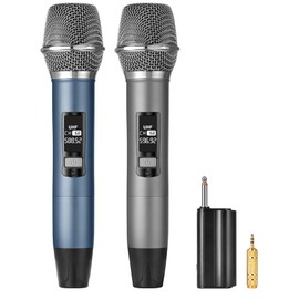 Meloace Rechargeable Wireless Microphone, Two Metal UHF Microphones with 1/4" Receiver, Plug-and-Play for Karaoke Singsing, Lecture, Stage Performance, PA System (Blue&Grey)