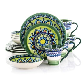 Elama Multicolored Round Stoneware Mandala Pattern Dinnerware Set, 16 Piece, Green