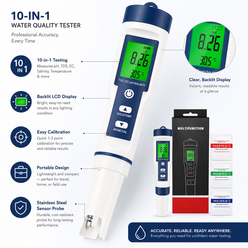 10-in-1 Water Quality Tester for Aquariums & Pools – Digital