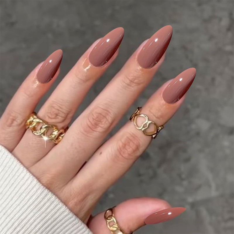 YOSOMMK Brown Press on Nails Medium Almond Fake Nails with