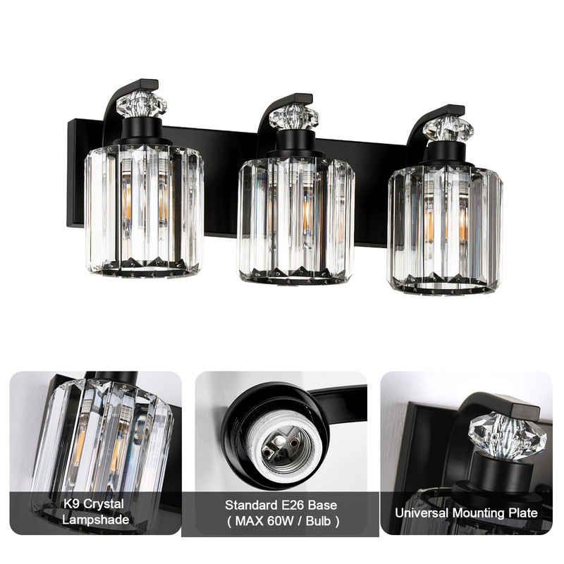 ALAISLYC Black Bathroom Light Fixtures with K9 Crystal Lampshade Bathroom