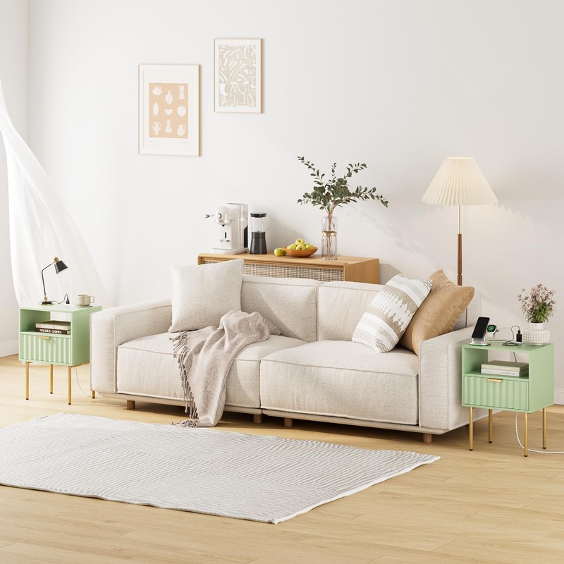 Masupu Nightstand with Charging Station,Mid-Century Modern Bedside Table with Storage