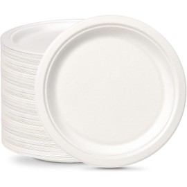 ECONX 9 Inch Disposable Sugarcane Bagasse Plates Small Round Paper Plates Starters and Desserts Plate Eco Friendly Biodegradable Compostable Plates for Picnics BBQs Parties Daily Use (50)