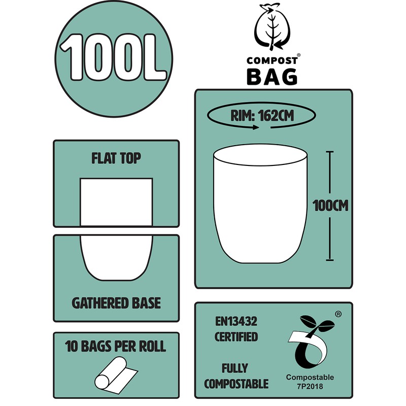 100L x 10 Heavy Duty Compostable Food Waste Sacks -