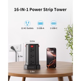 Power Strip Surge Protector, 6.5 Ft Extension Cord with 12 AC Multiple Outlets 4 USB (1 USB C), SMALLRT Power Tower Desktop Charging Station (Black, 6.5 Ft)