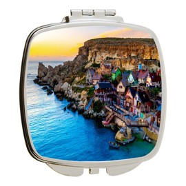 Island Gifting - Image of Popeye Village the Bay during sunset in Malta - Square Compact Mirror - Travel Mirror