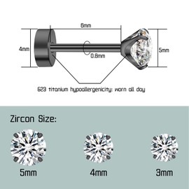ZDE Titanium Women Flatback Earrings Cubic Zirconia Black Stud Earrings 4mm Flat Back CZ AAAA+ Earrings Hypoallergenic Cartilage Earring Tragus Helix Conch Piercing