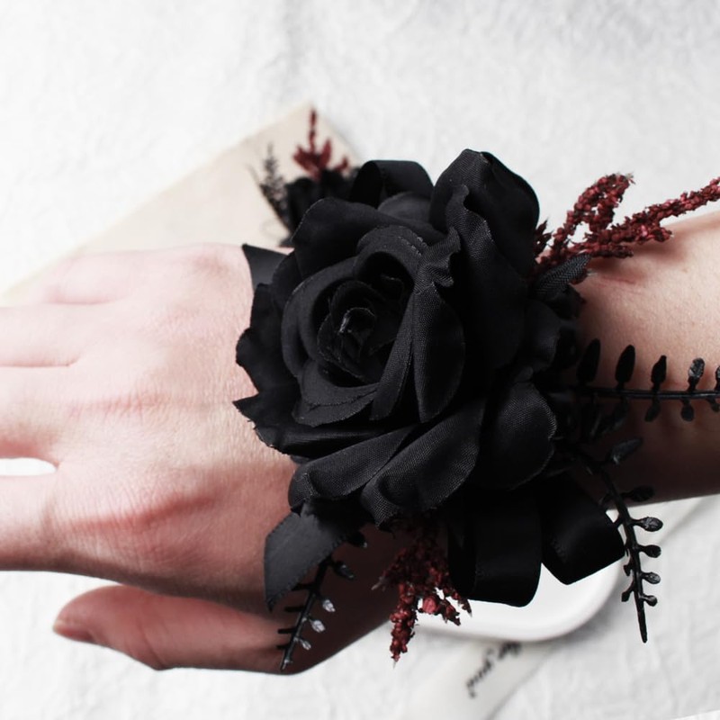 JHCYULUO Black Wrist Corsage and Boutonniere Set for Wedding Artificial