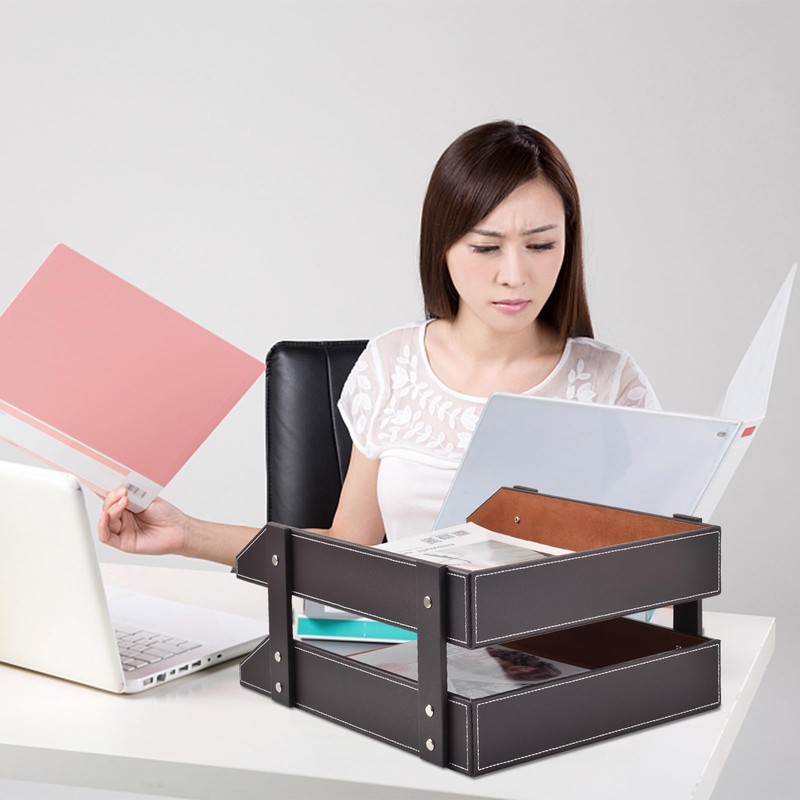 XNONE Leather Desk Organizer,2-Tier Stackable Letter Tray Holder,Office Supplies Desktop