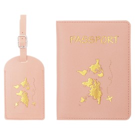 PATIKIL Passport Cover Holder and Luggage Tag Set, PU Leather Passport Case Holder Travel Tag Suitcase Identifier Travel Accessories for Men Women, Pink