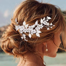 EASEDAILY Flower Bride Wedding Hair Vine Silver Leaf Bridal Headpiece Headband Pearl Hair Accessories for Women (Silver, One Size)