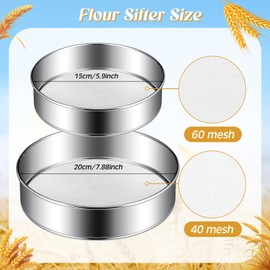 Patelai 2 Pcs Stainless Steel Round Flour Sifter Sieve Fine Mesh for Bake Decorate Cakes, Pies, Pastries, Cupcakes (6 Inch 60 Mesh,8 Inch 40 Mesh)