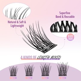 AKXSINKA Cluster Lashes, D Curl DIY Lash Extensions, Weightless Thinnest Lash Bands Multipack of 48 Wispy at home Cluster Eyelash Extensions