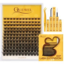 QUEWEL Wimpern Extensions Set 144Pcs Einzelne Wimpern gemischte Längen 8–16 mm, Cluster Lashes mit Wimpernkleber und Wimpernpinzette, natürlicher Look einfaches Selbermachen zu Hause (Mega-KIT-C)