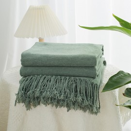 GINAMUSE Chenille Throw Blanket for Couch with Tassels,50"X60" Soft Lightweight Knitted Boho Decorative Blankets for Bed and Sofa,Sage Green