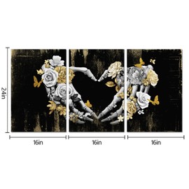 Visual Art Decor Black Grey Gold Skull Decor Love Heart Painting Gothic Home Decor, Framed Artwork for Walls 3 Pieces (Large)