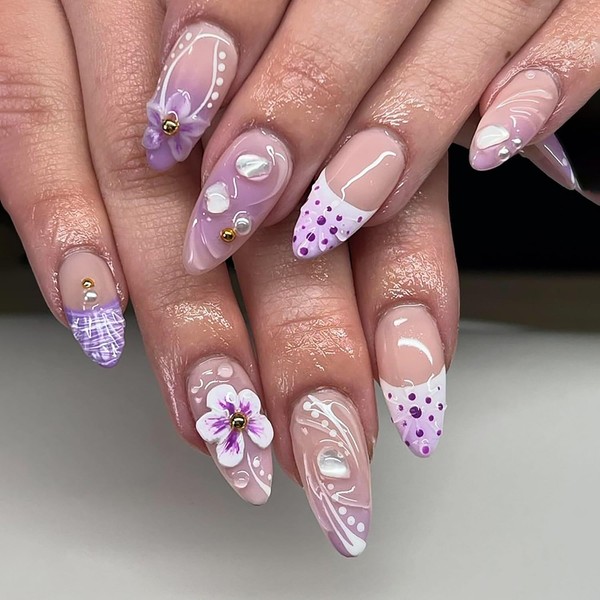 RIICFDD Flower Press on Nails Medium Almond Fake Nails Purple