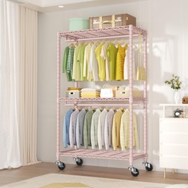 FUTASSI P3 Rolling Clothes Rack, Clothing Racks for Hanging Clothes, Heavy Duty Garment Rack with Wheels, Freestanding Portable Closet Organizer 39.4''W x 14''D x 78.5''H, Max Load 464 LBS, Pink