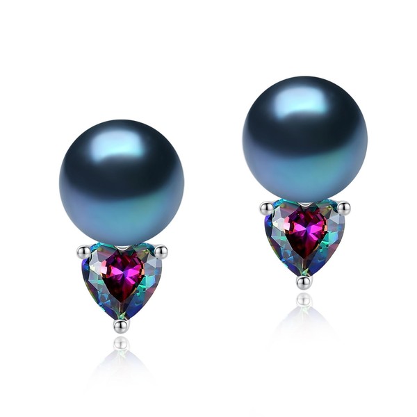 YAMI Sterling Silver Black Pearl Earrings for Women, Black Mystic