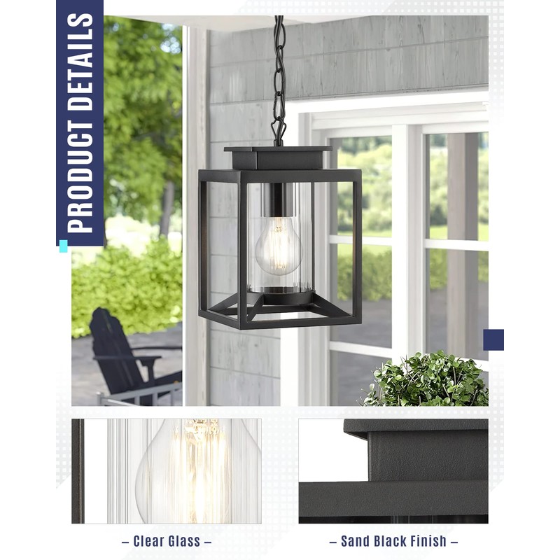 Osimir Outdoor Pendant Light for Porch, 1-Light Black Hanging Porch