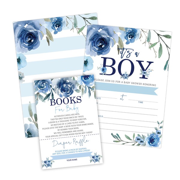 Boy Baby Shower Invitations with Book Request and Diaper Raffle Card, Blue Baby Sprinkle, 20 Fill in Invites