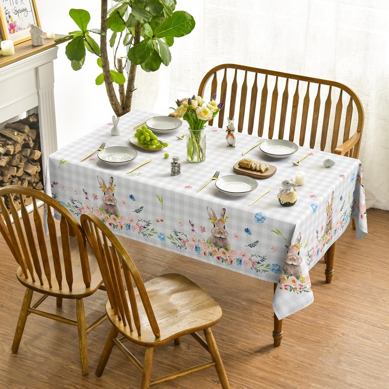 Horaldaily Easter Tablecloth 60x120 Inch, Spring Flower Buffalo Plaid Bunny