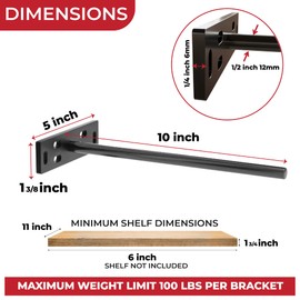 Set of 4 Floating Shelf Brackets Heavy Duty (1/4 inch Thick Baseplate) Painted Black Mild Steel/Bracket for Hidden Wall Shelves Support Hardware Mount Kitchen/Nursery Decor (10 inch Rods)