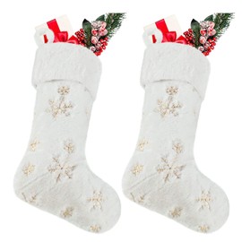 SherryDC White Plush Christmas Stockings 2 Pack, 18" Gold Snowflake Sequin Embroidered Fireplace Hanging Stockings Set for Christmas Decoration