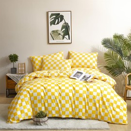 honey qiao Yellow Checkered Comforter Set Full - 3-Piece Bedding Set Lightweight All-Season Comforter with 2 Pillowcases Ultra Soft Microfiber Comforter