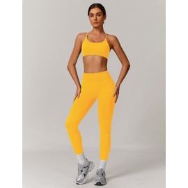 QBGJTD Two Piece Workout Sets for Women Criss Cross Open Back Sports Bras Matching Tummy Control High Waist Leggings Set Womens 2 Piece Gym Yoga Jogger Athletic Wear Out Pilates Outfits Yellow S