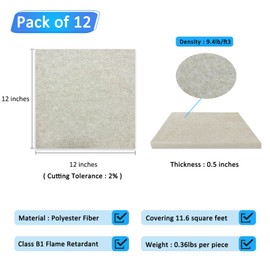 BXI Thickened Sound Absorbing Panels - 12 Pack 12 X 12 X 0.5 Inches Dense Acoustic Panels, Echo Noise Reducing Sound Panels, Tackable Studio Panels for Wall and Ceiling Acoustic Treatment