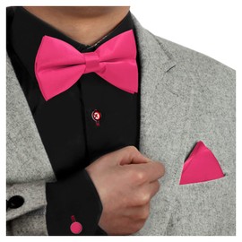 Dan Smith Man Bow Ties Silk Touch Bowtie Hankies Cuff-Links Set Clip-On Adjustable Famliy Shirt, Deep Pink-c.c.o.ah.005, Bowtie Hanky Cufflink Set
