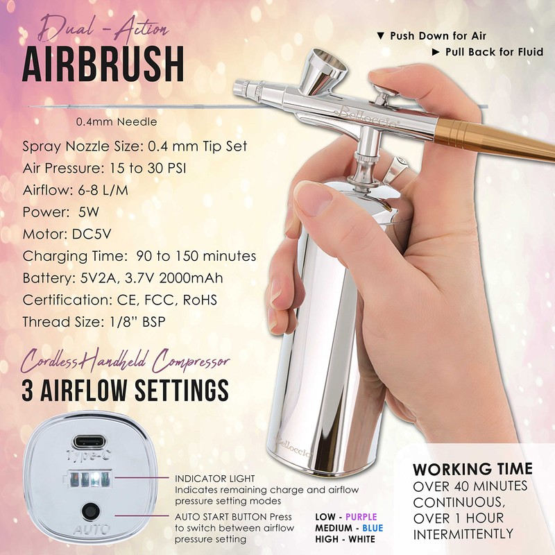 Belloccio Complete Cordless Handheld Airbrush Cosmetic Makeup System with 5