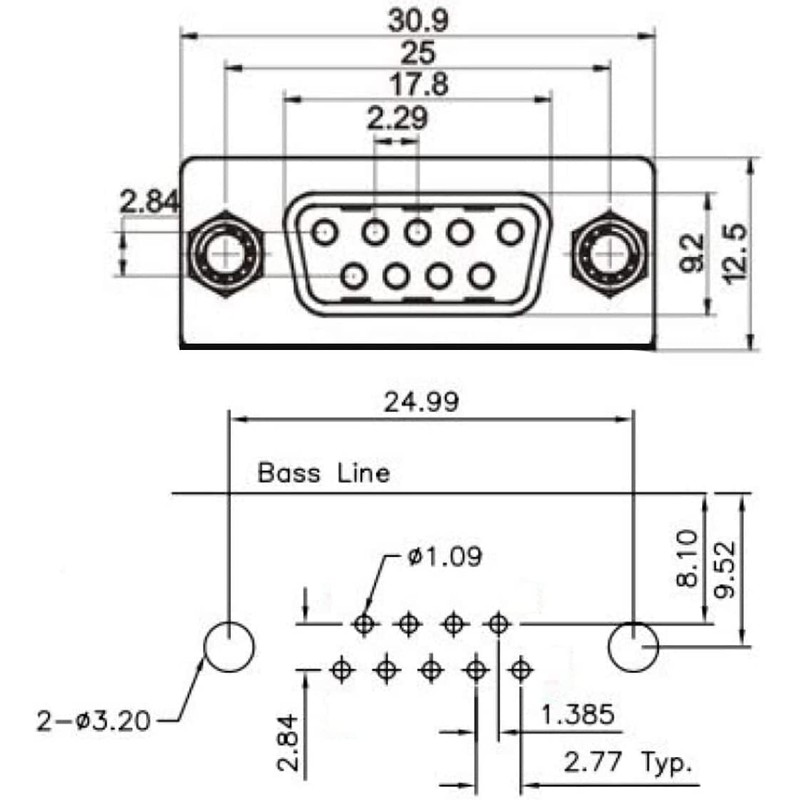 DB9 9 Pin Female Connector PCB Mount Soldering Type D-Sub