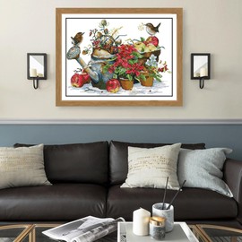 Rosyfoxes Cross Stitch Kits Stamped Full Range of Embroidery Starter Kits for Beginners DIY -Printed Kits Flower Pot and Birds(Printed) 11CT 23.6×18.1 inches