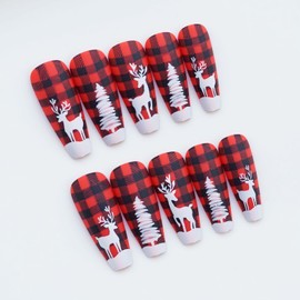 24Pcs Christmas Press on Nails Long Coffin Fake Nails Red and White False Nails with White Elk & Christmas Tree Design Glossy Glue on Nails Stick on Nails for Women and Girls Xmas Nail Art Decoration