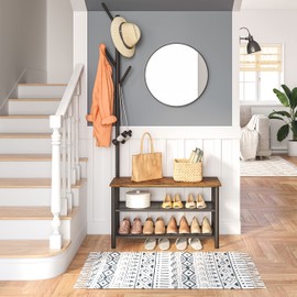 HOOBRO HOOBRO Coat Rack Shoe Bench, 3-Tier Shoe Rack, Industrial Shoe Organizer Storage Bench, Entry Bench with Mesh Shelves, for Entryway, Living Room, Hallway, Easy Assembly, Rustic Brown BF12HX01