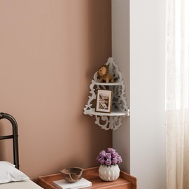 LUPWNEKA 2-Tier Vintage White Corner Wall Shelves, Cut Out Design Hanging Shelves for Wall, Wooden Round End Display Shelf, Whimsical Decor Macrame Shelf for Living Room, Bedroom, Study Room, Home