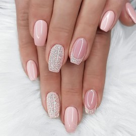 Pink Glitter French Tip False Nails - 24pcs Rose Pink Press On Nails Medium - Removable Shiny Glue on Fake Nails - Glossy Full Cover Coffin Stick on nails for Women Girls Nail Art DIY
